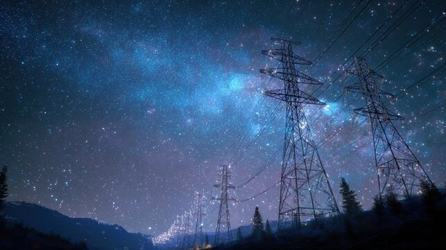 Silhouettes of highvoltage power line towers against a vibrant, starry night sky showing the milky way galaxy over a dark landscape
