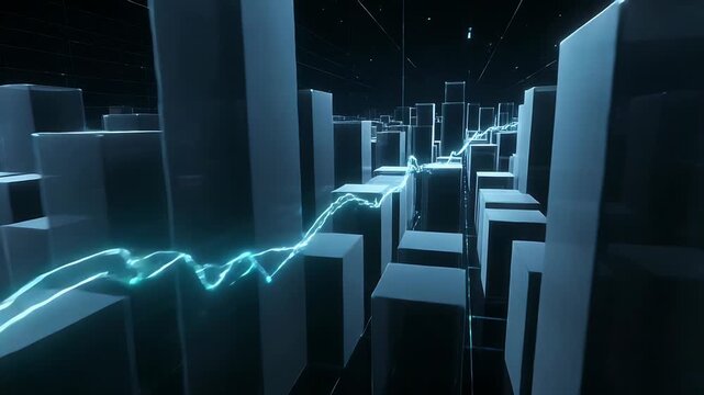 Starting lower left, cyan trace snaking across futuristic tower grid toward horizon, showing data
