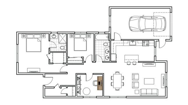 Modern house floor plan with two bedrooms, two bathrooms, open living area, and a garage