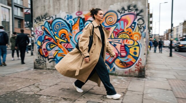 Stylish woman in trench coat walking on city street. Urban fashion statement with vibrant graffiti backdrop.