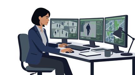 Fototapeta premium A woman in a suit monitors multiple security camera feeds and a city map on computer screens at her desk.