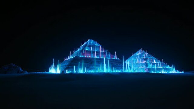 Opening neon pyramids pulsing spikes and shifting cyan magenta grids on dark plain, creating glow