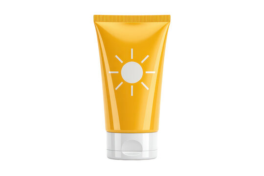 A yellow plastic squeeze tube of sunscreen lotion with a white sun printed on the front, isolated on a solid black background, for summer