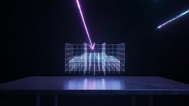 Reacting 3D grid raising light pillars, magenta arrow striking center above table in dark studio