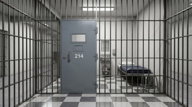 Inside a stark prison cell with bars and a metal door.