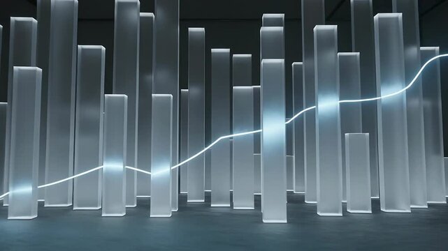 Gliding luminous streak starting left tracing frosted columns in dim gallery, animating waveform