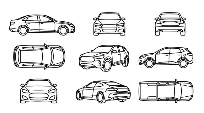 Automotive design sketches nine line art views of a modern compact crossover vehicle