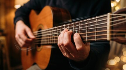 Obraz premium Spanish Man playing acoustic guitar. Musician strumming strings on wooden instrument. Close up of hand on fretboard. Creative hobby, musical performance and hobby leisure activity art concept.