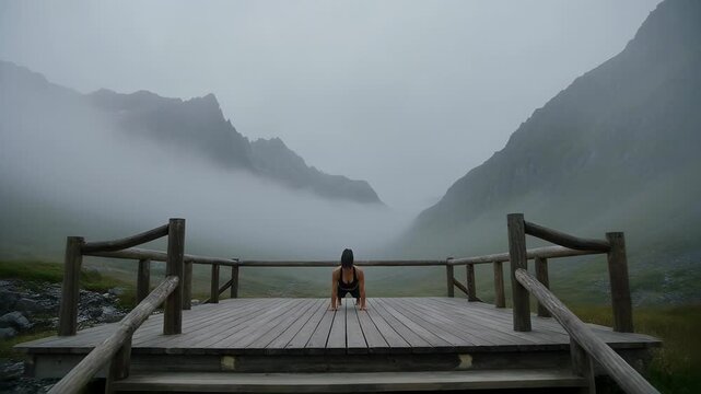 Transitioning woman in black gear after holding forward fold, rising on deck for yoga, foggy valley