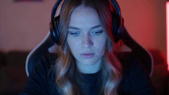 Pulling back, female gamer gripping gamepad wearing dark sweater and headset at desk, playing game