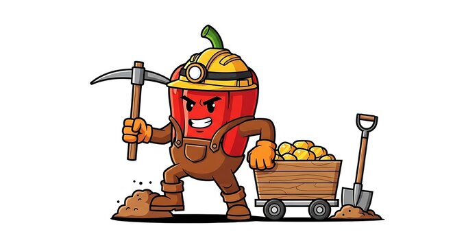 Cartoon construction worker operating mini excavator.