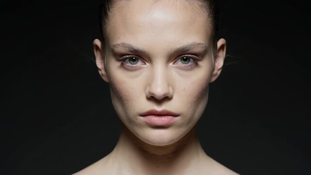 Pulling camera tightening framing, female model holding gaze in studio, black top for facial detail