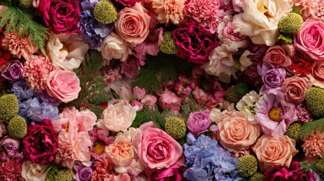 Luxurious arrangement of vibrant mixed roses and assorted colorful flowers creating a dense, rich floral tapestry