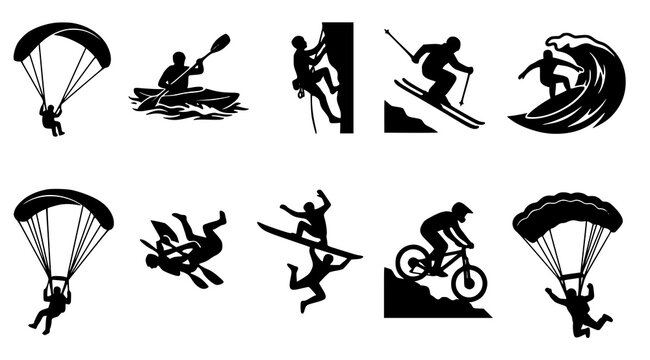 Extreme sports silhouette collection paragliding kayaking ice climbing skiing surfing mountain biking and skydiving