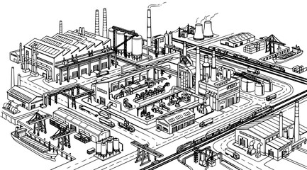 Fototapeta premium Detailed industrial complex illustration with factories smokestacks and transportation networks in black and white