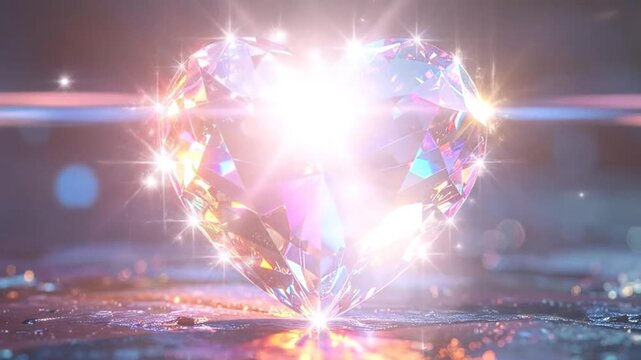A beautiful, sparkling, heart-shaped gemstone with bright, colorful reflections