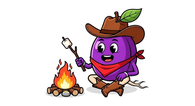 Cartoon purple monster riding a bicycle with pumpkins.