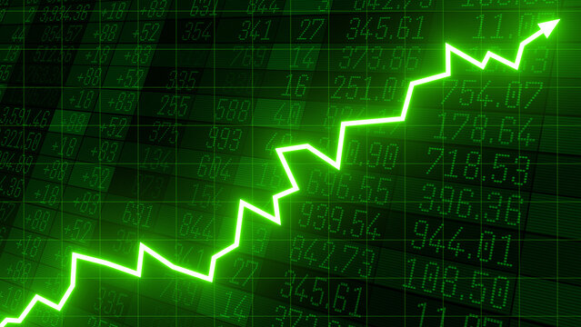 Green arrow rising uptrend on stock market exchange display showing financial growth, business profit, price value increase, and investment performance report concept