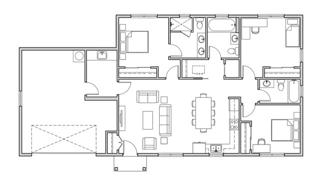 Detailed floor plan of a modern multiroom house with various furniture
