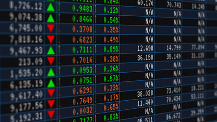 Fototapeta premium Stock market quotes table and dashboard screen showing financial investment price, business growth index, economic wealth statistics, trading profit and loss report, and global exchange indicator
