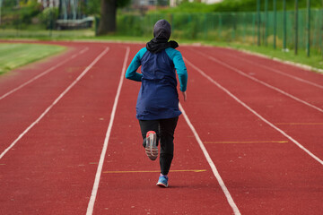 Fototapeta premium Muslim Woman In Hijab Running On Outdoor Track Training For Fitness And Athletic Endurance