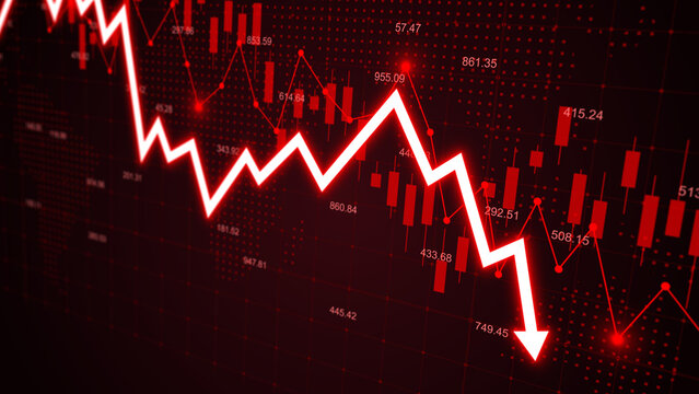Stock market losses and bankruptcy with descending trading graph and downward arrows showing financial crisis, economic recession, and investment decline