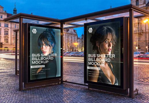 Two Billboard on Bus Shelter In European City at Night Mockup