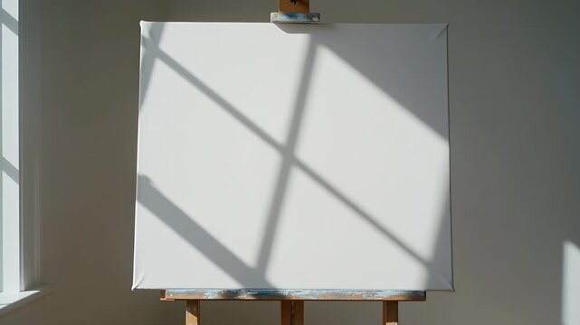 Sunlight pouring through studio window casting diagonal shadows across canvas on easel marking time