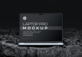 Modern Laptop Mockup on Dark Stone Rocks with Screen Display 