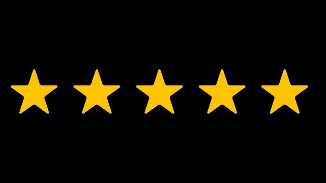 Five yellow stars arranged in a horizontal line on a black background five stars star rating. Cartoon shape 5 Star Rating Animation, Special with rating star icon animation.