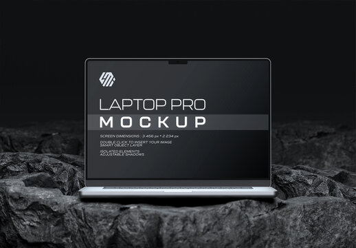 Modern Laptop Mockup on Dark Stone Rocks with Screen Display 