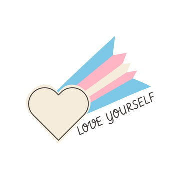 Retro shooting heart with transgender pride flag and Yourself slogan isolated on white. 90s aesthetic pop art illustration with trans flag colors for LGBTQ pride month celebration. Vector.