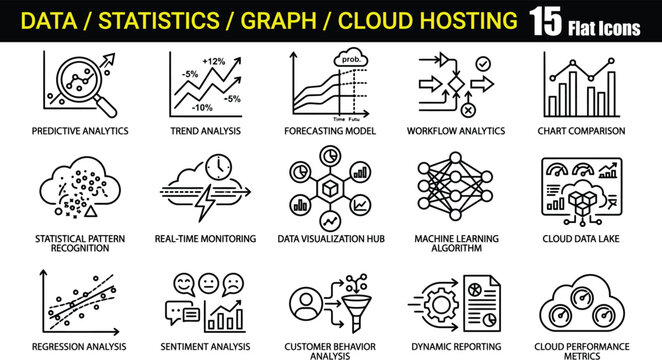 Collection of 15 flat line icons representing data analytics, statistics, cloud hosting, and business intelligence concepts.