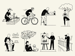 Fototapeta premium Set of diverse minimalist line art illustrations depicting various daily life hobbies and professional work activities