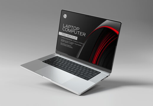 Silver Laptop with Shadow Floating on Grey Background Mockup
