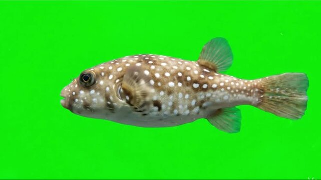 Fish Video of one White-spotted puffer are swimming on the green screen background