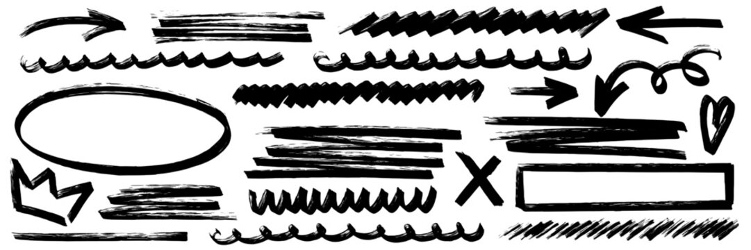 Hand drawn marker and pencil highlights circle every idea. Bold underline strokes, arrows and marker lines bring highlight and underline energy to life.