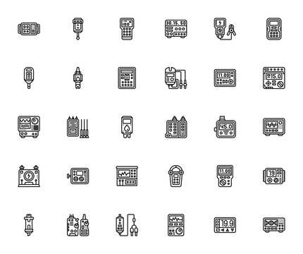 Electronic measurement icon set. Minimal vector icons pack. Includes symbols for sensor, multimeter, screwdriver, detector, meter, electrical panel, frequency reading, power transformer, analyzer, cla