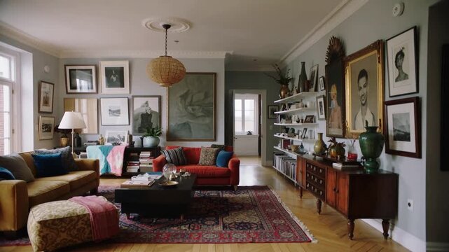 Panning camera moving right, revealing sofas and ottoman in lounge, showing shelves and portraits