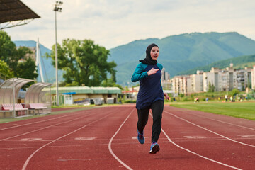 Naklejka premium Muslim Woman Runner Wearing Hijab Training on Outdoor Track for Fitness and Athletics