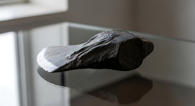 Ancient stone axe head tool resting on a reflective glass table surface