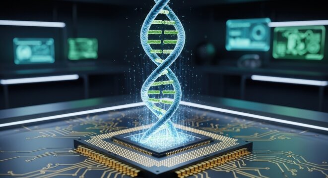 A glowing digital dna double helix structure emerging from a computer chip