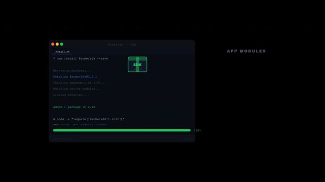 Green progress bar in terminal window for updating software setup wizard. Suitable for technologyrelated websites, software tutorials, and it blogs.