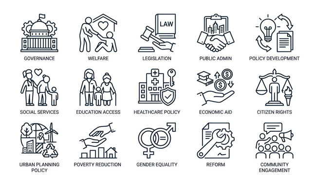 Social Services, Governance & Policy Icons: Welfare, Law, Healthcare, Rights