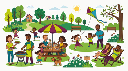 Obraz premium Flat Vector Illustration Family Picnic Park Outdoor Activities Summer Fun Commercial Use