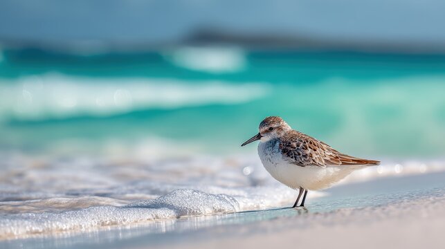 Small sandpiper bird standing on wet sand at the edge of turquoise ocean waves during daytime