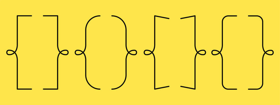 Set of text brackets, braces, quote, text box icons on yellow background