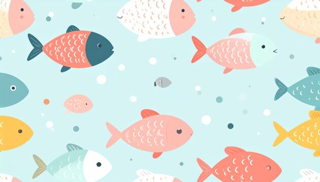 Colorful Cartoon Fish Pattern Floating on Light Blue Aquatic Background