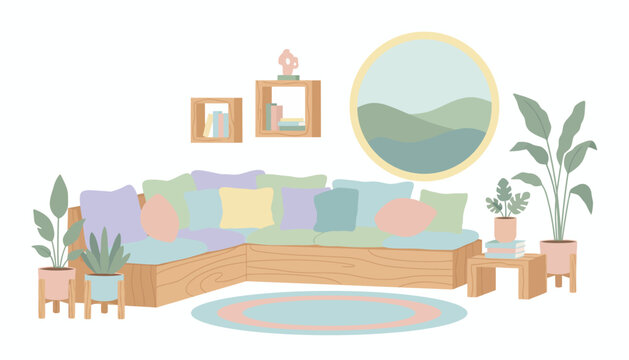 Cozy living room with sectional sofa plants and round window in soft pastel colors
