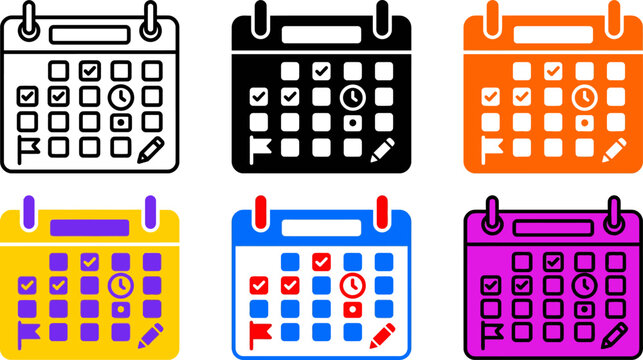 Colorful calendar icons with various symbols and checkmarks on white background